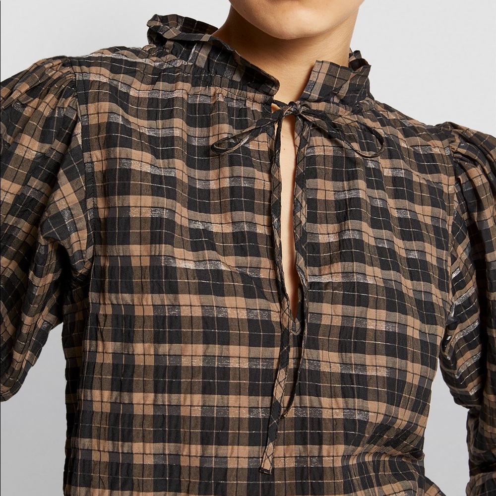 New GANNI Seersucker Check Blouse L 40